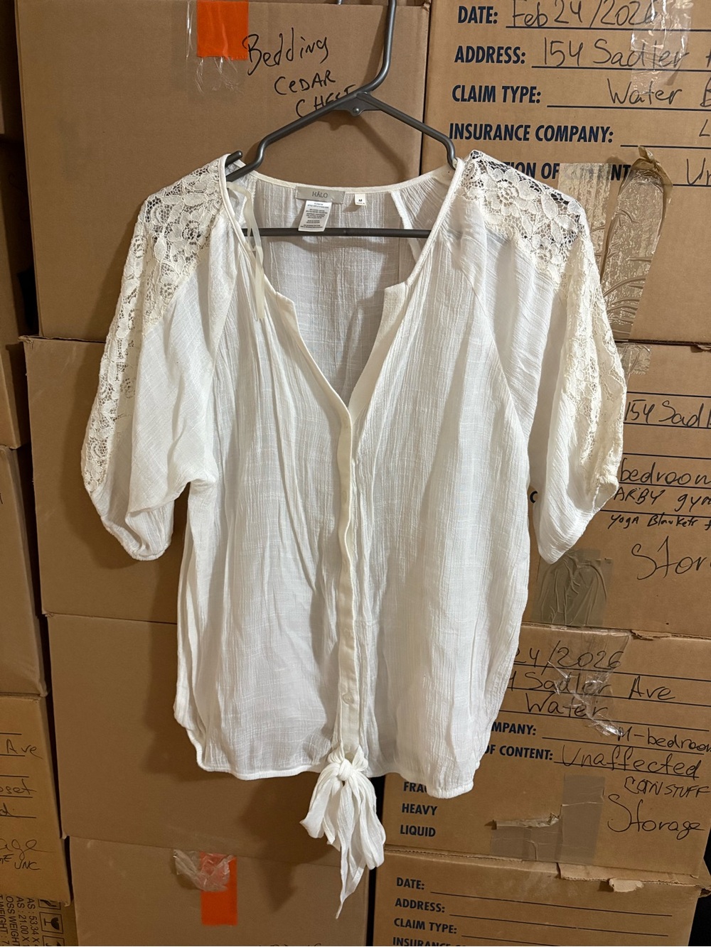 Halo White Lace-Shoulder Tie-Bottom Women's Blouse